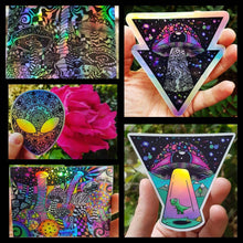 Load image into Gallery viewer, Holographic Sticker Pack | Alien Mushroom Trippy Sticker pack | X5 UV indoor / outdoor Stickers - High quality waterproof stickers.