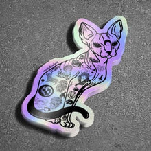 Load image into Gallery viewer, Sphynx Cat Sticker. Holographic Halloween Tattooed Cat Sticker. UV indoor and outdoor Stickers - High quality Trippy sticker