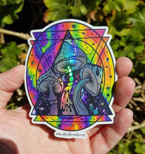 Load image into Gallery viewer, Holographic Sticker. Mushroom Psychedelic Trippy sticker. UV indoor and outdoor Stickers - High quality Trippy sticker. Laptop sticker.