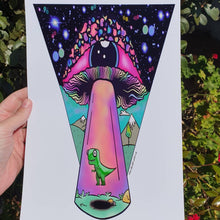 Load image into Gallery viewer, Alien Mushroom Eyeball Dinosaur Spaceship Abduction Print A3, A4, A5 or 4”x6” Trippy art poster