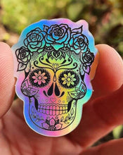 Load image into Gallery viewer, Holographic Sugar Skull Sticker. UV indoor and outdoor Stickers - High quality Trippy sticker. Mini Sticker