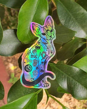 Load image into Gallery viewer, Sphynx Cat Sticker. Holographic Halloween Tattooed Cat Sticker. UV indoor and outdoor Stickers - High quality Trippy sticker