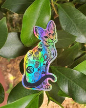 Load image into Gallery viewer, Sphynx Cat Sticker. Holographic Halloween Tattooed Cat Sticker. UV indoor and outdoor Stickers - High quality Trippy sticker