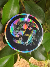 Load image into Gallery viewer, Holographic Koi Fish Sticker. Yin Yang Sticker. Laptop Sticker. Flask Sticker. High quality Trippy sticker