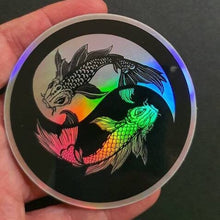 Load image into Gallery viewer, Holographic Koi Fish Sticker. Yin Yang Sticker. Laptop Sticker. Flask Sticker. High quality Trippy sticker