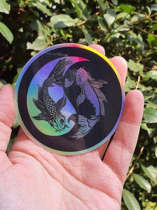 Holographic Koi Fish Sticker. Yin Yang Sticker. Laptop Sticker. Flask Sticker. High quality Trippy sticker