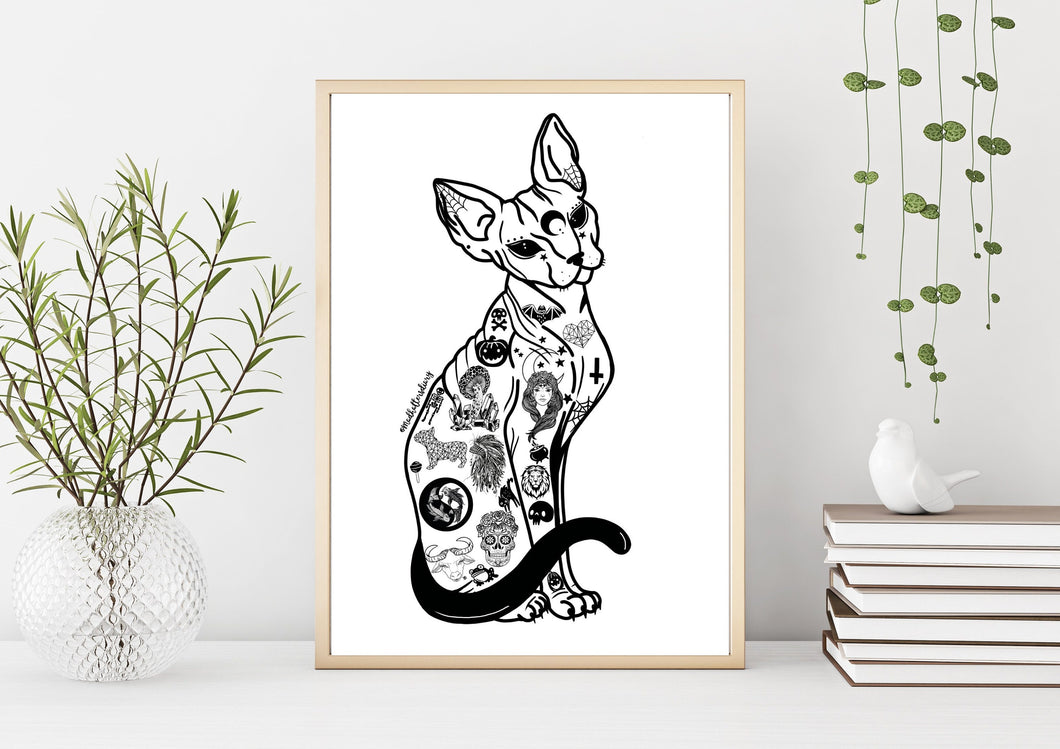 Sphynx Cat Art Print | Hairless Cat Print. Halloween