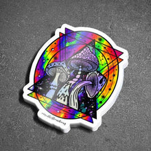 Load image into Gallery viewer, Holographic Sticker. Mushroom Psychedelic Trippy sticker. UV indoor and outdoor Stickers - High quality Trippy sticker. Laptop sticker.