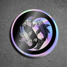 Load image into Gallery viewer, Holographic Koi Fish Sticker. Yin Yang Sticker. Laptop Sticker. Flask Sticker. High quality Trippy sticker