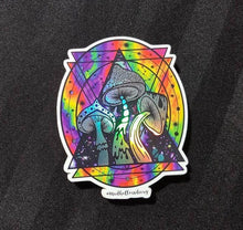 Load image into Gallery viewer, Holographic Sticker. Mushroom Psychedelic Trippy sticker. UV indoor and outdoor Stickers - High quality Trippy sticker. Laptop sticker.