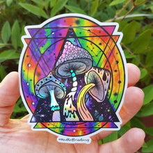 Load image into Gallery viewer, Holographic Sticker. Mushroom Psychedelic Trippy sticker. UV indoor and outdoor Stickers - High quality Trippy sticker. Laptop sticker.