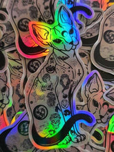 Load image into Gallery viewer, Sphynx Cat Sticker. Holographic Halloween Tattooed Cat Sticker. UV indoor and outdoor Stickers - High quality Trippy sticker