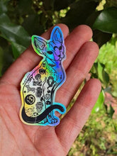 Load image into Gallery viewer, Sphynx Cat Sticker. Holographic Halloween Tattooed Cat Sticker. UV indoor and outdoor Stickers - High quality Trippy sticker