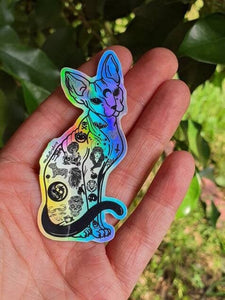 Sphynx Cat Sticker. Holographic Halloween Tattooed Cat Sticker. UV indoor and outdoor Stickers - High quality Trippy sticker