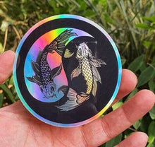 Load image into Gallery viewer, Holographic Koi Fish Sticker. Yin Yang Sticker. Laptop Sticker. Flask Sticker. High quality Trippy sticker