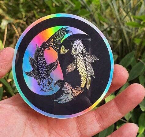 Holographic Koi Fish Sticker. Yin Yang Sticker. Laptop Sticker. Flask Sticker. High quality Trippy sticker