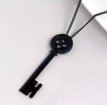 Load image into Gallery viewer, Key Necklace, Button Skeleton Key. Cosplay Costume Pendant. Button Eyes.