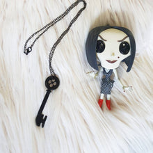 Load image into Gallery viewer, Key Necklace, Button Skeleton Key. Cosplay Costume Pendant. Button Eyes.