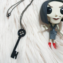 Load image into Gallery viewer, Key Necklace, Button Skeleton Key. Cosplay Costume Pendant. Button Eyes.