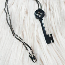 Load image into Gallery viewer, Key Necklace, Button Skeleton Key. Cosplay Costume Pendant. Button Eyes.