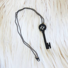 Load image into Gallery viewer, Key Necklace, Button Skeleton Key. Cosplay Costume Pendant. Button Eyes.