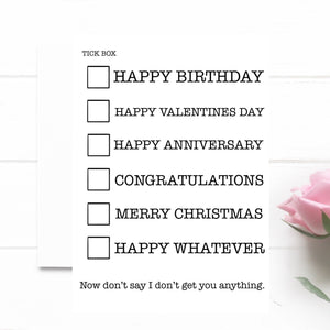 Funny Birthday Valentine’s Anniversary Card. Congratulations Merry Christmas Happy Whatever Greeting Card.