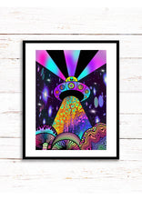 Load image into Gallery viewer, Alien UFO art Print. Mushrooms. Trippy. Psychedelic. A3, A4 ,A5 or 4”x6&quot;