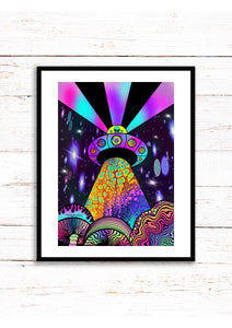 Alien UFO art Print. Mushrooms. Trippy. Psychedelic. A3, A4 ,A5 or 4”x6"