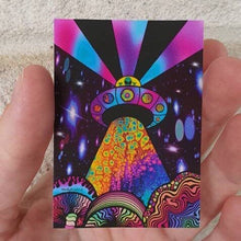 Load image into Gallery viewer, Alien UFO Sticker. Mushroom Psychedelic Trippy sticker. Trippy sticker. Laptop sticker.