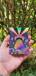 Holographic Alien Mushroom Spaceship Abduction sticker. UV indoor / outdoor Stickers - Trippy sticker. Laptop Sticker.