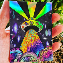 Load image into Gallery viewer, Holographic Alien Mushroom Spaceship Abduction sticker. UV indoor / outdoor Stickers - Trippy sticker. Laptop Sticker.