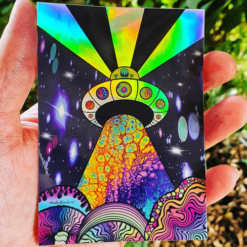 Holographic Alien Mushroom Spaceship Abduction sticker. UV indoor / outdoor Stickers - Trippy sticker. Laptop Sticker.