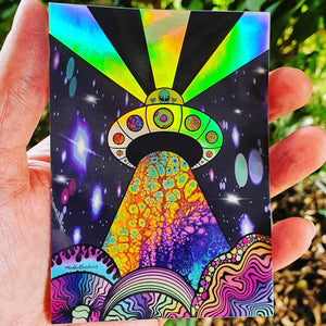 Holographic Alien Mushroom Spaceship Abduction sticker. UV indoor / outdoor Stickers - Trippy sticker. Laptop Sticker.