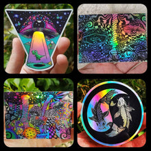 Load image into Gallery viewer, Trippy Holographic Sticker Pack X4. Mushroom Stickers. Alien Stickers - High quality. Laptop stickers. Psychedelic stickers. Sticker Bundle