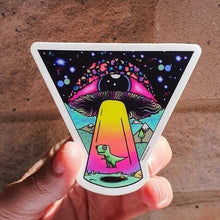 Load image into Gallery viewer, Alien Mushroom Eyeball Dinosaur Spaceship Abduction sticker. Trippy sticker. Laptop Sticker.