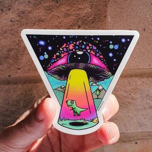 Alien Mushroom Eyeball Dinosaur Spaceship Abduction sticker. Trippy sticker. Laptop Sticker.