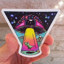 Load image into Gallery viewer, Alien Mushroom Eyeball Dinosaur Spaceship Abduction sticker. Trippy sticker. Laptop Sticker.