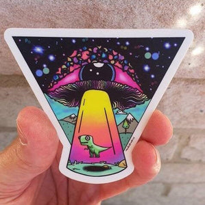 Alien Mushroom Eyeball Dinosaur Spaceship Abduction sticker. Trippy sticker. Laptop Sticker.