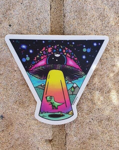 Alien Mushroom Eyeball Dinosaur Spaceship Abduction sticker. Trippy sticker. Laptop Sticker.