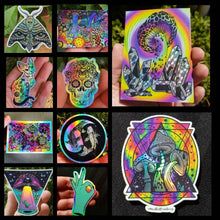 Load image into Gallery viewer, Trippy Holographic Sticker Pack X10. Mushroom Stickers. Alien Stickers - High quality. Laptop stickers. Psychedelic stickers. Sticker Bundle