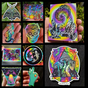 Trippy Holographic Sticker Pack X10. Mushroom Stickers. Alien Stickers - High quality. Laptop stickers. Psychedelic stickers. Sticker Bundle