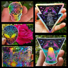 Load image into Gallery viewer, Holographic Sticker Pack | Alien Mushroom Trippy Sticker pack | X5 UV indoor / outdoor Stickers - High quality Holographic stickers.