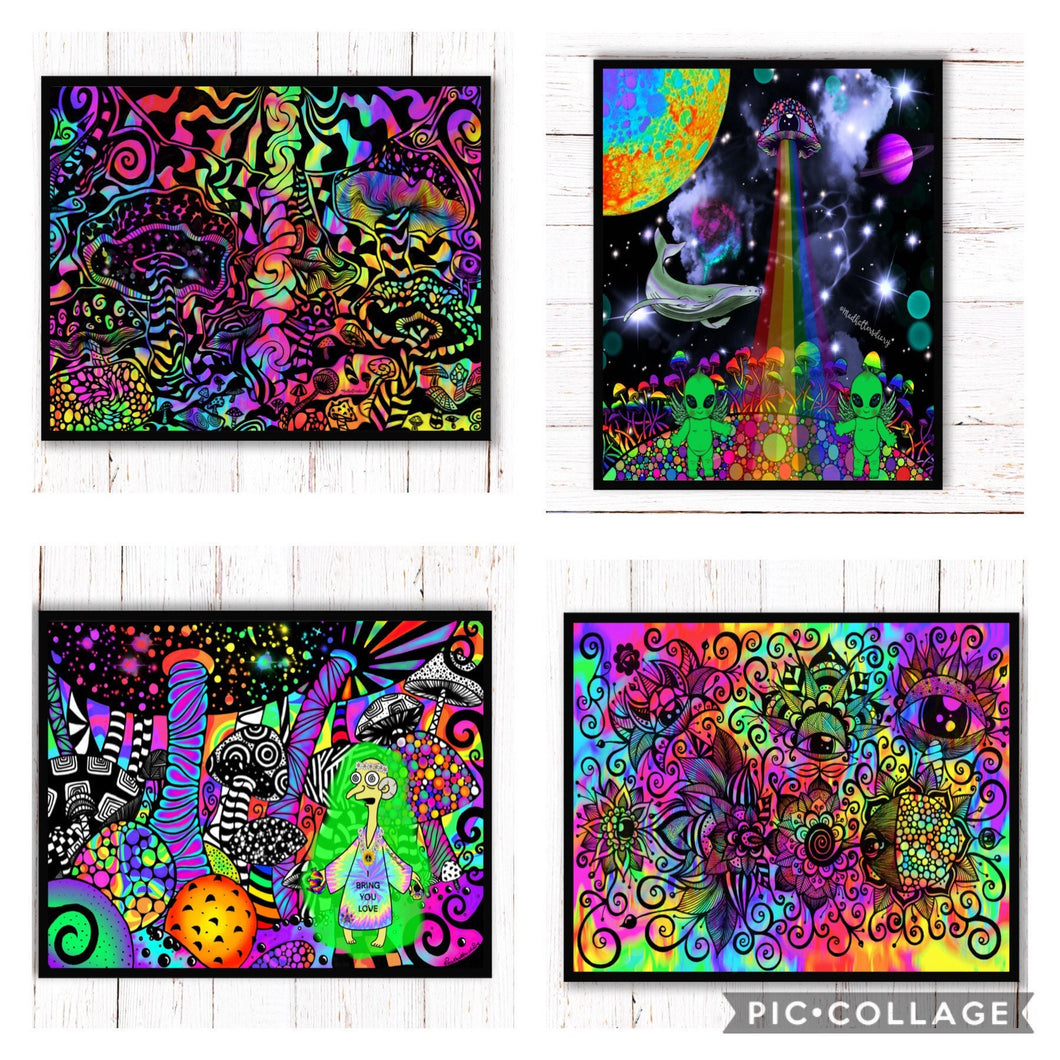 x4 Trippy Prints | Mushroom Print | Trippy Aliens | Psychedelic Art.