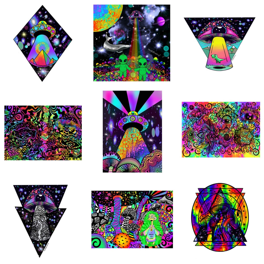 x9 Psychedelic Prints | Mushroom Print | Trippy Aliens | Alien Art.