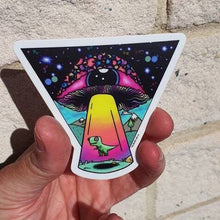 Load image into Gallery viewer, Alien Mushroom Eyeball Dinosaur Spaceship Abduction sticker. Trippy sticker. Laptop Sticker.