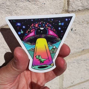 Alien Mushroom Eyeball Dinosaur Spaceship Abduction sticker. Trippy sticker. Laptop Sticker.