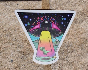 Alien Mushroom Eyeball Dinosaur Spaceship Abduction sticker. Trippy sticker. Laptop Sticker.