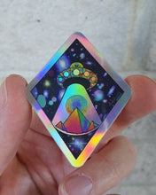 Load image into Gallery viewer, Holographic Alien Spaceship Pyramid Abduction sticker. UV indoor / outdoor Stickers - Trippy sticker. Laptop Sticker.