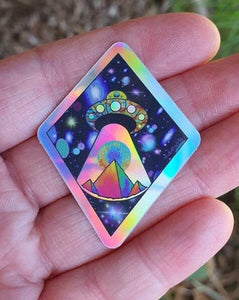 Holographic Alien Spaceship Pyramid Abduction sticker. UV indoor / outdoor Stickers - Trippy sticker. Laptop Sticker.