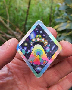 Holographic Alien Spaceship Pyramid Abduction sticker. UV indoor / outdoor Stickers - Trippy sticker. Laptop Sticker.